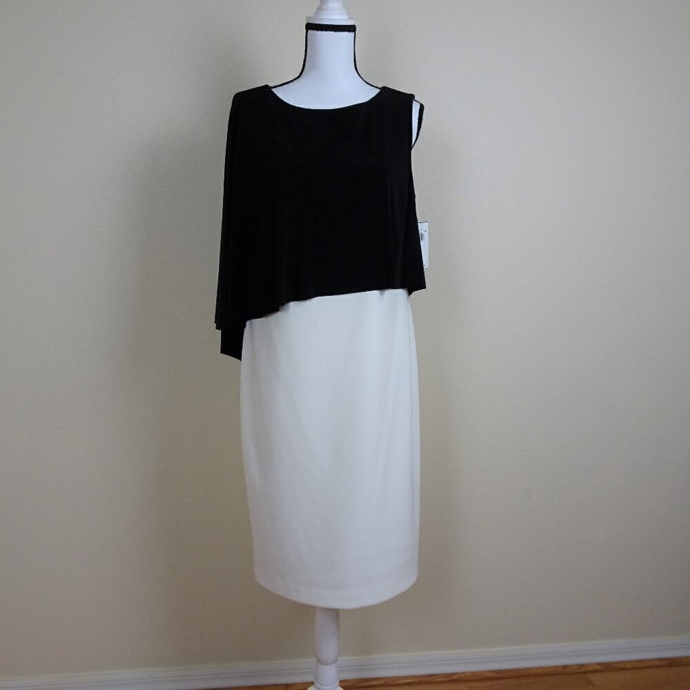 Ralph Lauren Cocktail Dress Women's Size 10 Black White Cape Overlay Stretch